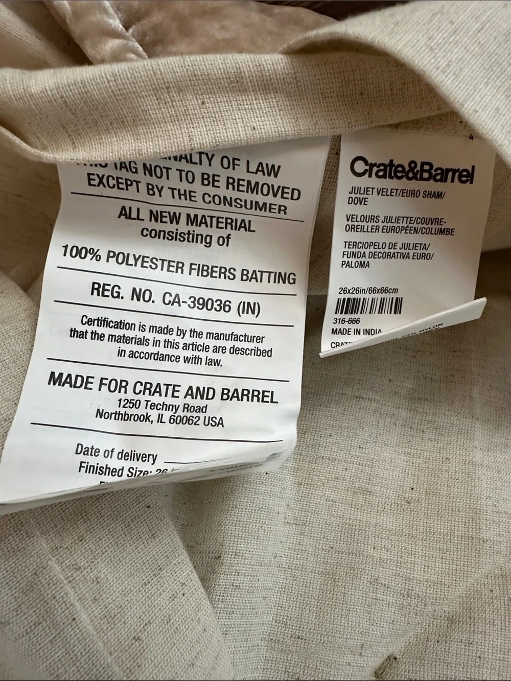 Crate & Barrel Juliet Velvet Pillow Sham Euro Dove Linen 26”X26